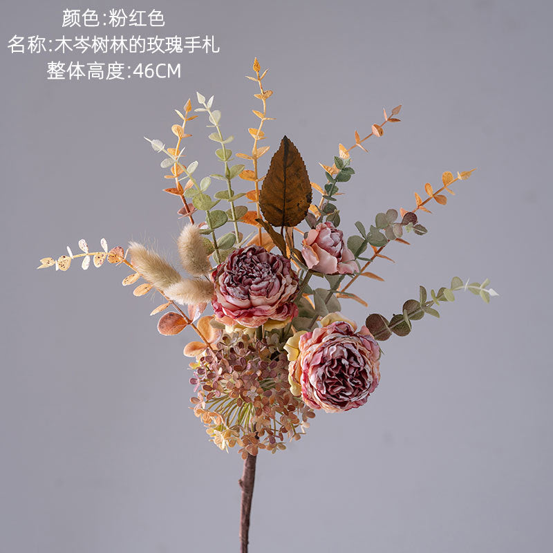 Wooden Forest-Inspired Rose Bouquet – Lifelike Artificial Flowers for Elegant Home Décor, INS-Style Greenery Crafting - MW89105