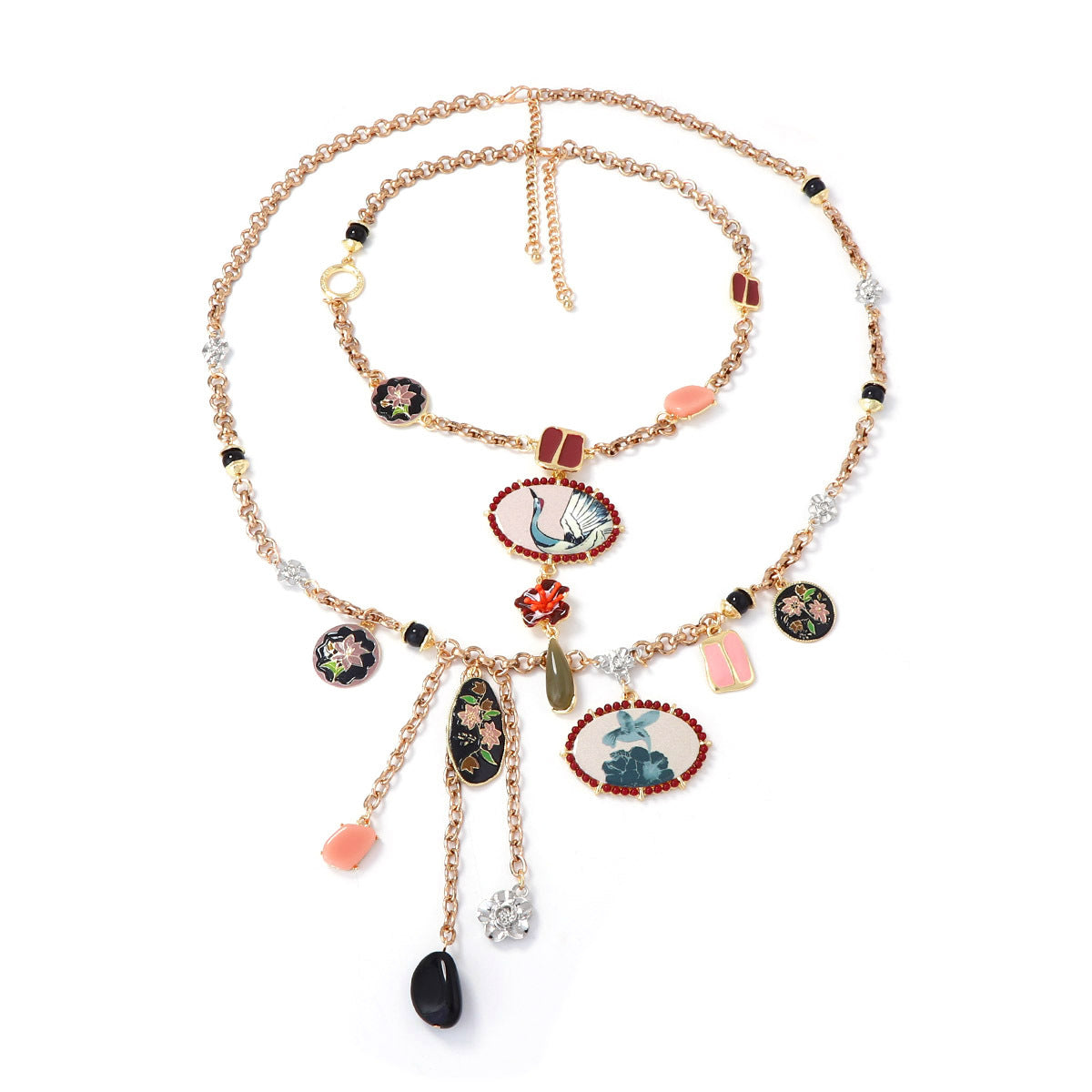 Bohemian Style Alloy Floral & Bird Print Double Layer Tassel Pendant Necklace for Women – Unique, Trendy, and Perfect for Any Occasion