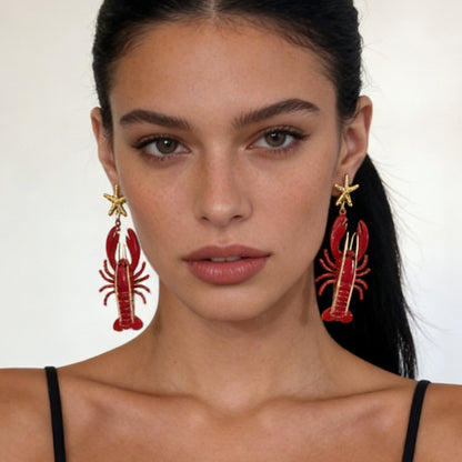 Stylish Coastal Beach Earrings with Unique Design – Long Mustache Painted Lobster & Starfish Dangle Earrings for Women