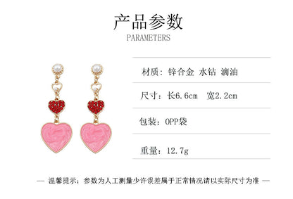 Stylish Creative Heart-Shaped Oil Drop Earrings with Colorful Rhinestones and Pearl Drops - Unique Alloy Design for Trendy Fashion Lovers