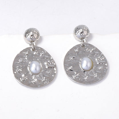 MG Spanish Vintage-Inspired Retro Wrinkled Zirconia-Studded Faux Pearl Geometric Irregular Round Earrings - Elegance Meets Unique Design