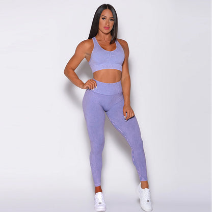 Seamless Sand Washed Yoga Outfit Set Women's Quick Dry Fitness Leggings and Supportive Sports Bra for Comfort and Performance