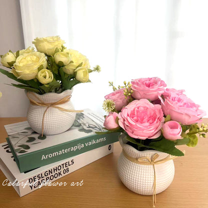 Realistic Faux Greenery Peony & Rose Potted Plant for Home Decor and Office Desk Arrangement - Perfect for Photography Props