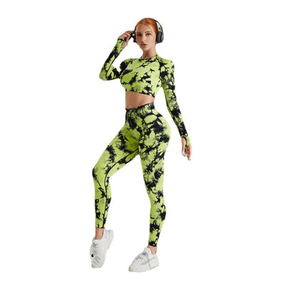 High Waisted Tie Dye Yoga Set for Women Long Sleeve Top Bum Lifting Yoga Pants for Workout Running and Fitness