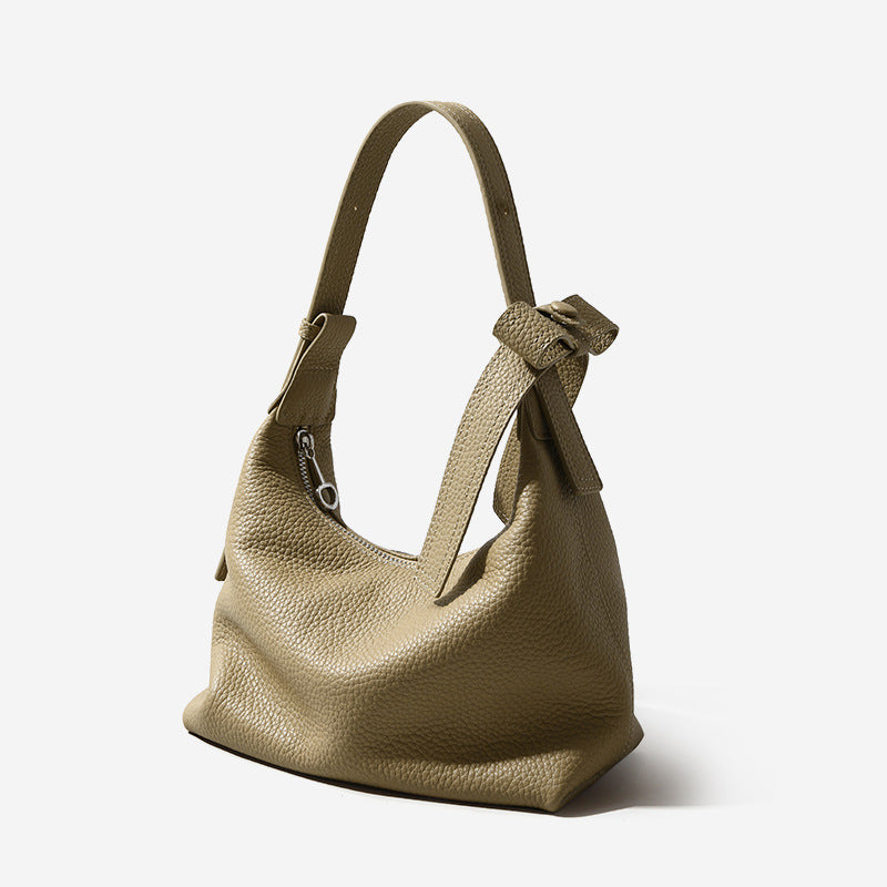 Genuine Leather Litchi Textured Lunch Box Handbag with Chic Bow Design Versatile Shoulder Tote for Commuting Everyday Use