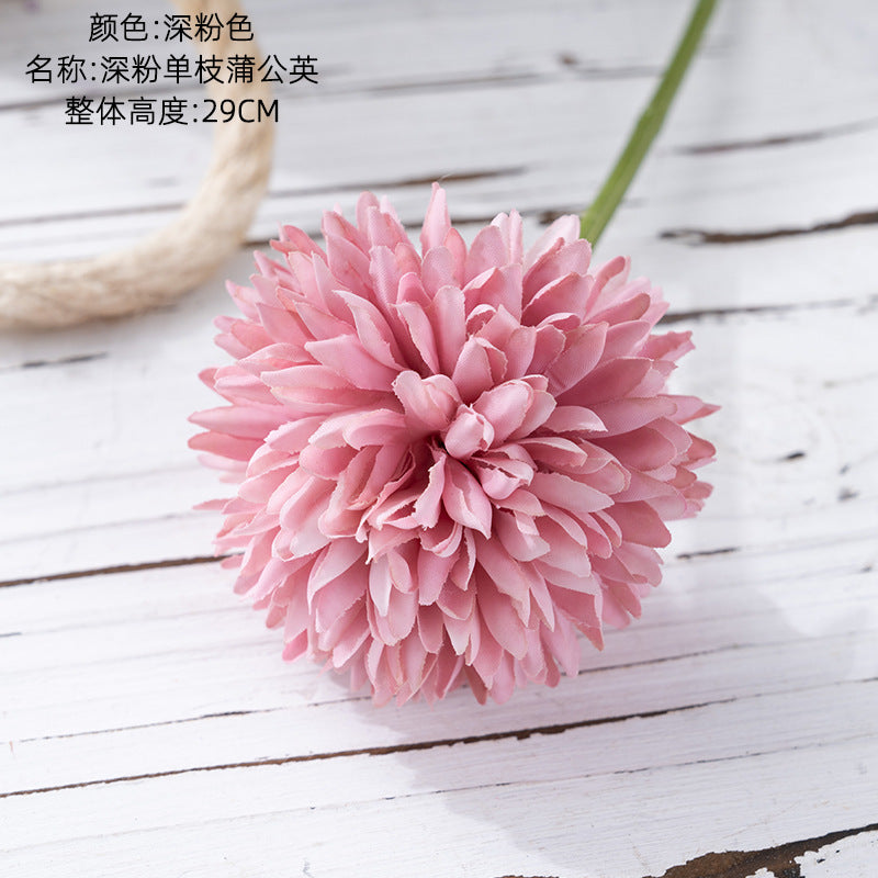 Vibrant Deep Pink Single Stem Dandelion Simulation Flower for Home Decor - Stunning Wedding Bouquet and Elegant Faux Rose Wall Arrangement | PJ1058