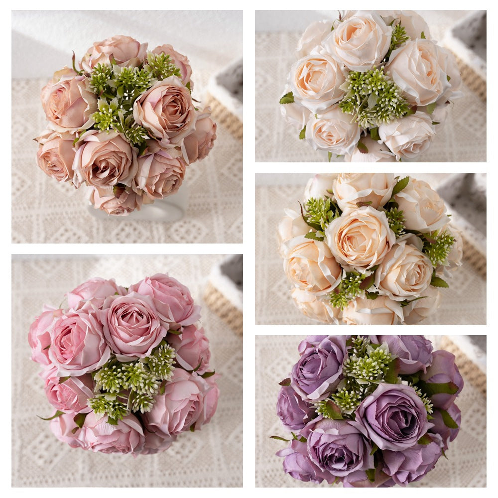 Artificial Snowy Rose Bouquet with Handle - Elegant INS-Style Decorative Faux Flowers for Home Decor - CL04001