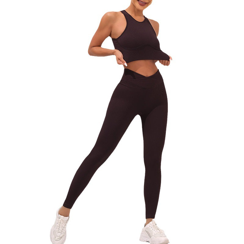 Fall 2023 Women's Ribbed Yoga Set with Strappy Back Sports Tank Top Cross Design Ribbed Yoga Pants for Comfort and Style in Your Workout