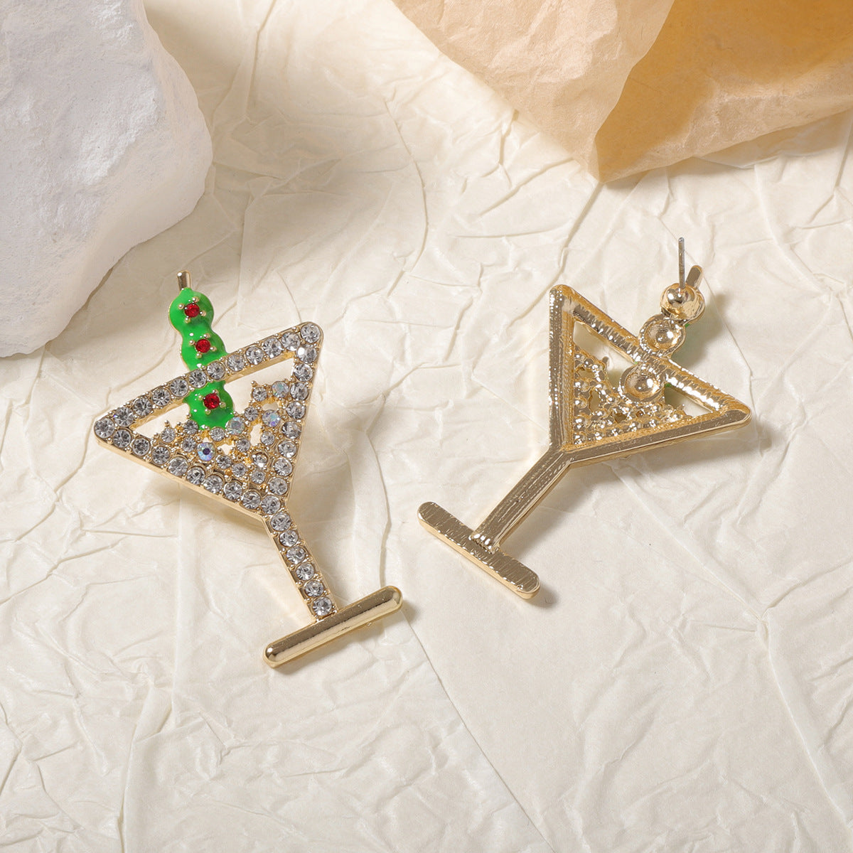 Stunning Creative Alloy Champagne Glass Earrings with Dazzling Rhinestones - Minimalist Fruit Cocktail Studs for Women