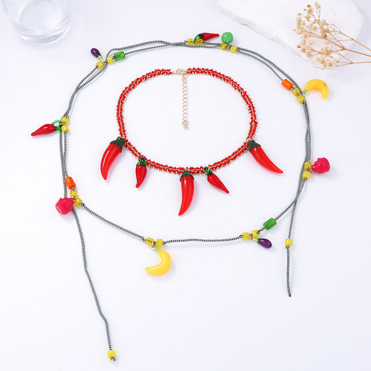 Bold Ocean-Inspired Red Chain Chili Pepper Pendant Necklace - Double Layered Fruit Charm for Trendy Statement Style