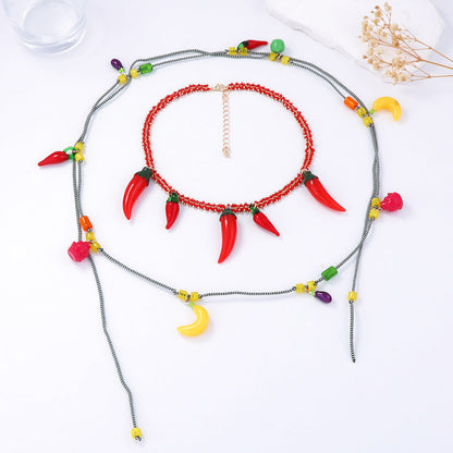 Bold Ocean-Inspired Red Chain Chili Pepper Pendant Necklace - Double Layered Fruit Charm for Trendy Statement Style
