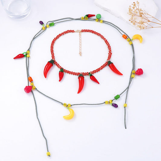 Bold Ocean-Inspired Red Chain Chili Pepper Pendant Necklace - Double Layered Fruit Charm for Trendy Statement Style