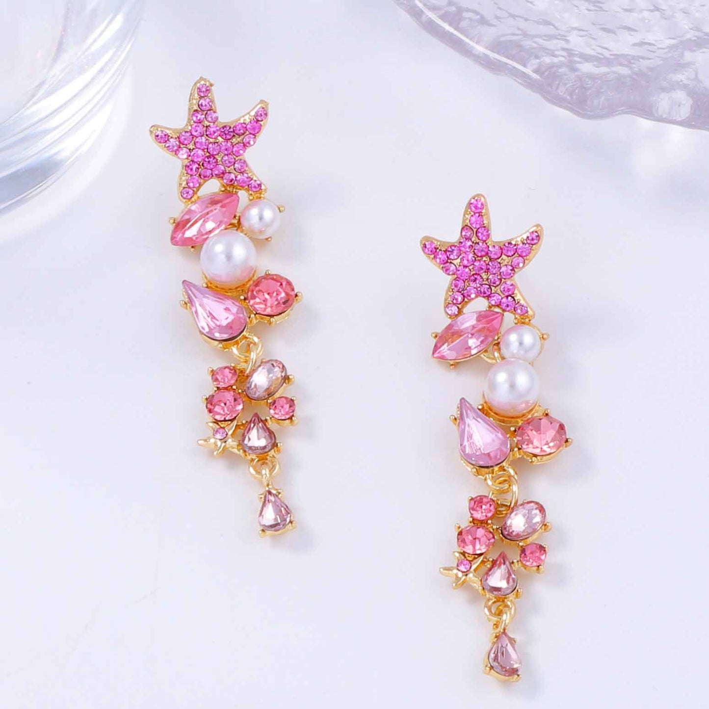 Exaggerated Starfish Long Earrings with Alloy Links, Colorful Gemstones, and Elegant Pearl Accents – Perfect for Adding a Touch of Glamour