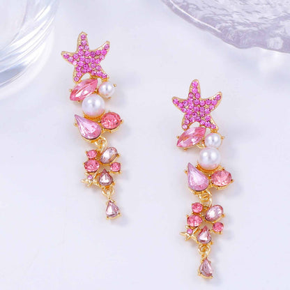 Exaggerated Starfish Long Earrings with Alloy Links, Colorful Gemstones, and Elegant Pearl Accents – Perfect for Adding a Touch of Glamour
