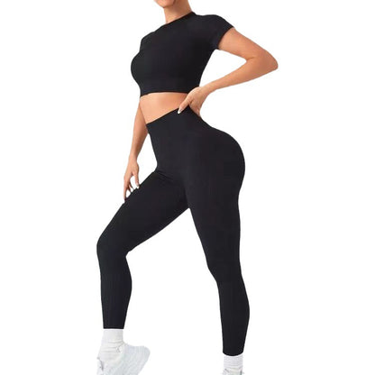 High Waisted Butt Lifting Control Pants and Short Sleeve Fitness Top Complete Yoga Set for Flattering Fit and Enhanced Performance