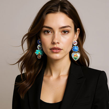 Artistic Vintage-Inspired Creative Alloy Printed Geometric Asymmetric Heart Floral Earrings - Unique Women's Jewelry for Every Occasion