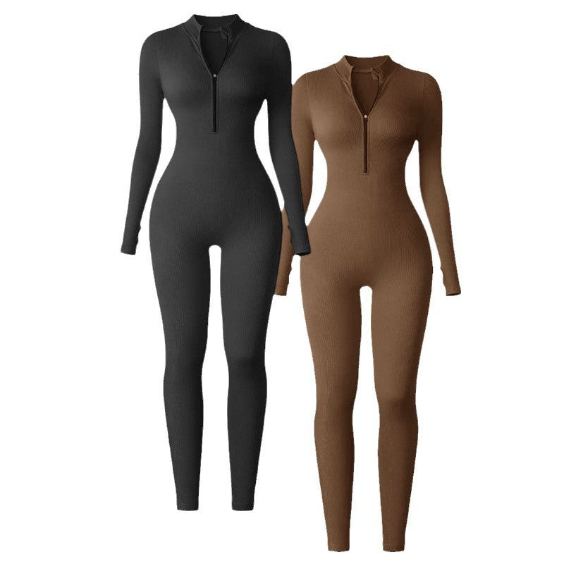 Sleek and Women s Half Zip Bodysuit Jumpsuit with Thumb Holes Long Sleeves and Lifting Design for Chic Casual or Workout Wear