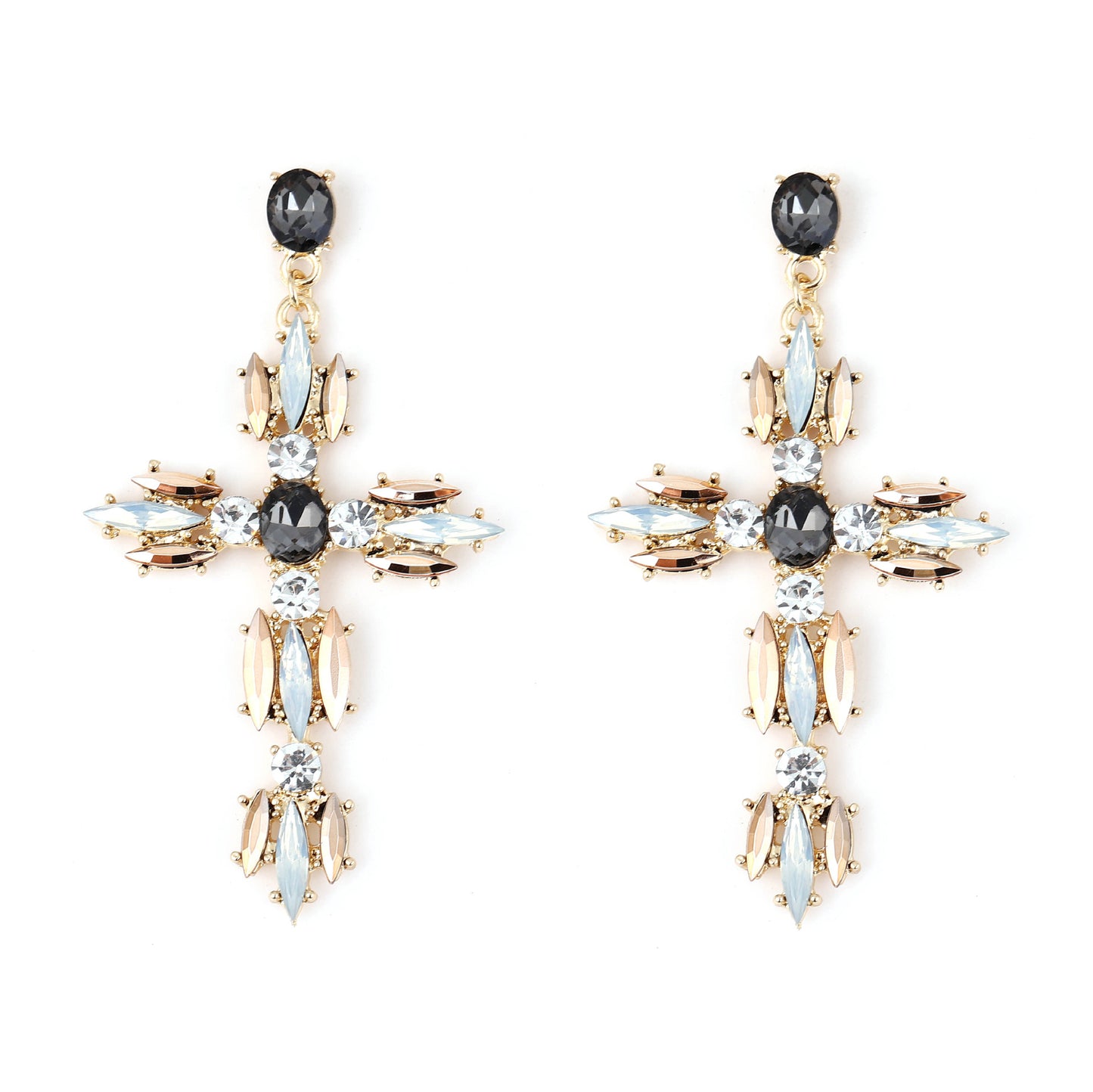 Trendy Creative Statement Geometric Cross Alloy Earrings with Sparkling Gemstones – Versatile Fashion Accessory for Any Occasion