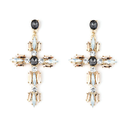 Trendy Creative Statement Geometric Cross Alloy Earrings with Sparkling Gemstones – Versatile Fashion Accessory for Any Occasion