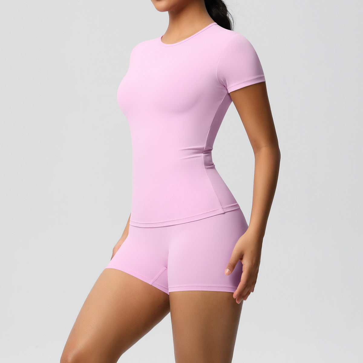 Versatile Solid Color Skin Friendly Sports Yoga Outfit Slim Fit and Elastic T Shirt with Fitness Shorts Set for Women