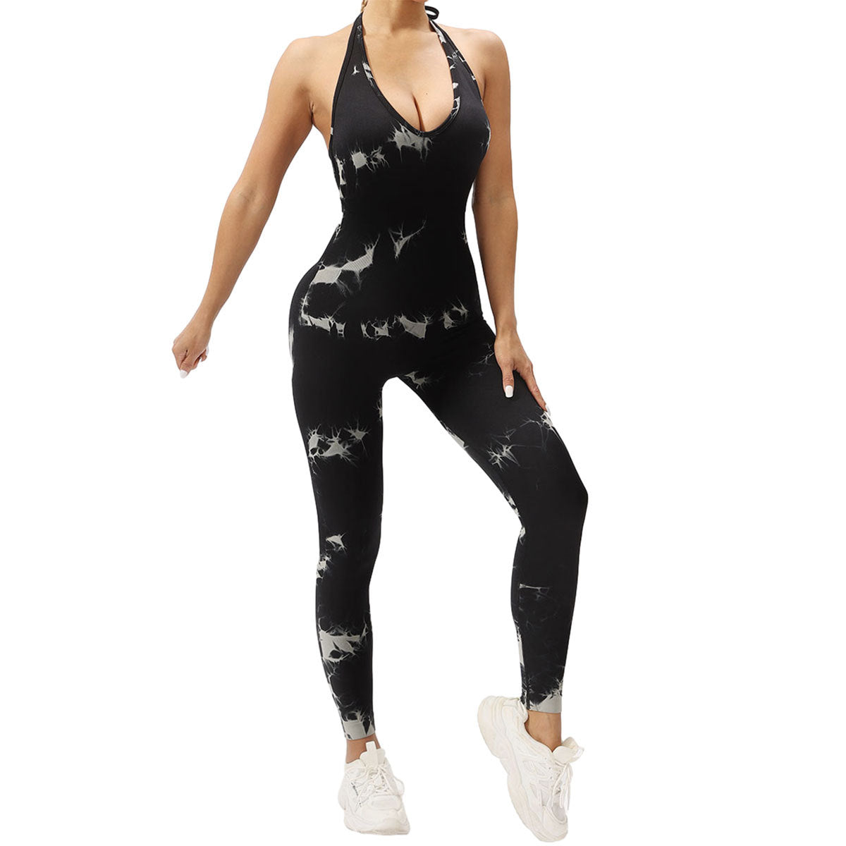 Seamless Tie Dye Ribbed Yoga Bodysuit for Women High Compression Quick Dry Fitness Jumpsuit with Waist Cinching Design for Comfort and Flexibility