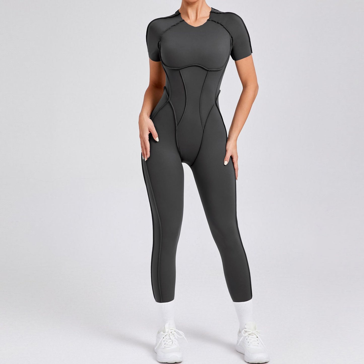 Autumn Winter 3D Backless Fitted Short Sleeve Jumpsuit with Long Pants All in One Yoga and Workout Ensemble for Maximum Comfort and Performance