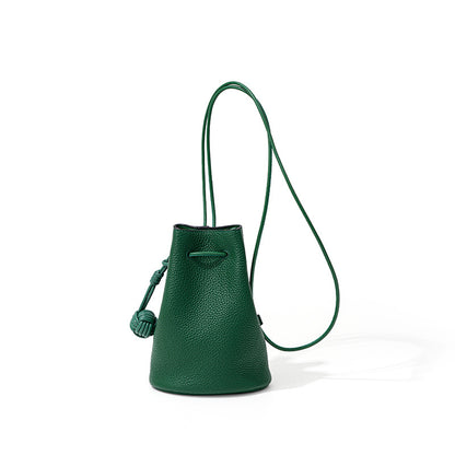 Chic Korean Style Drawstring Bucket Bag Genuine Leather Women's Minimalist Crossbody and Shoulder Bag in Grain Cowhide