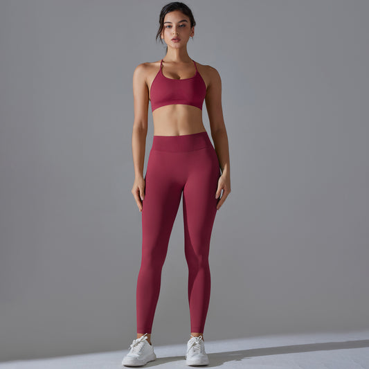 Seamless Solid Color Cross Back Sports Bra and Leggings Set for Women for Yoga Running and Fitness Enthusiasts