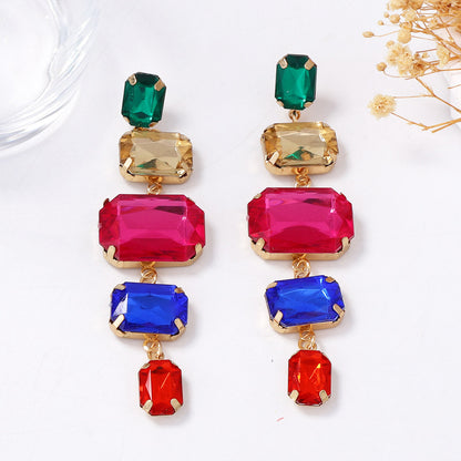 Exquisite and Bold Colorful Geometric Tassel Long Drop Earrings with Sparkling Rhinestones - Elegant Fashion Statement for Women
