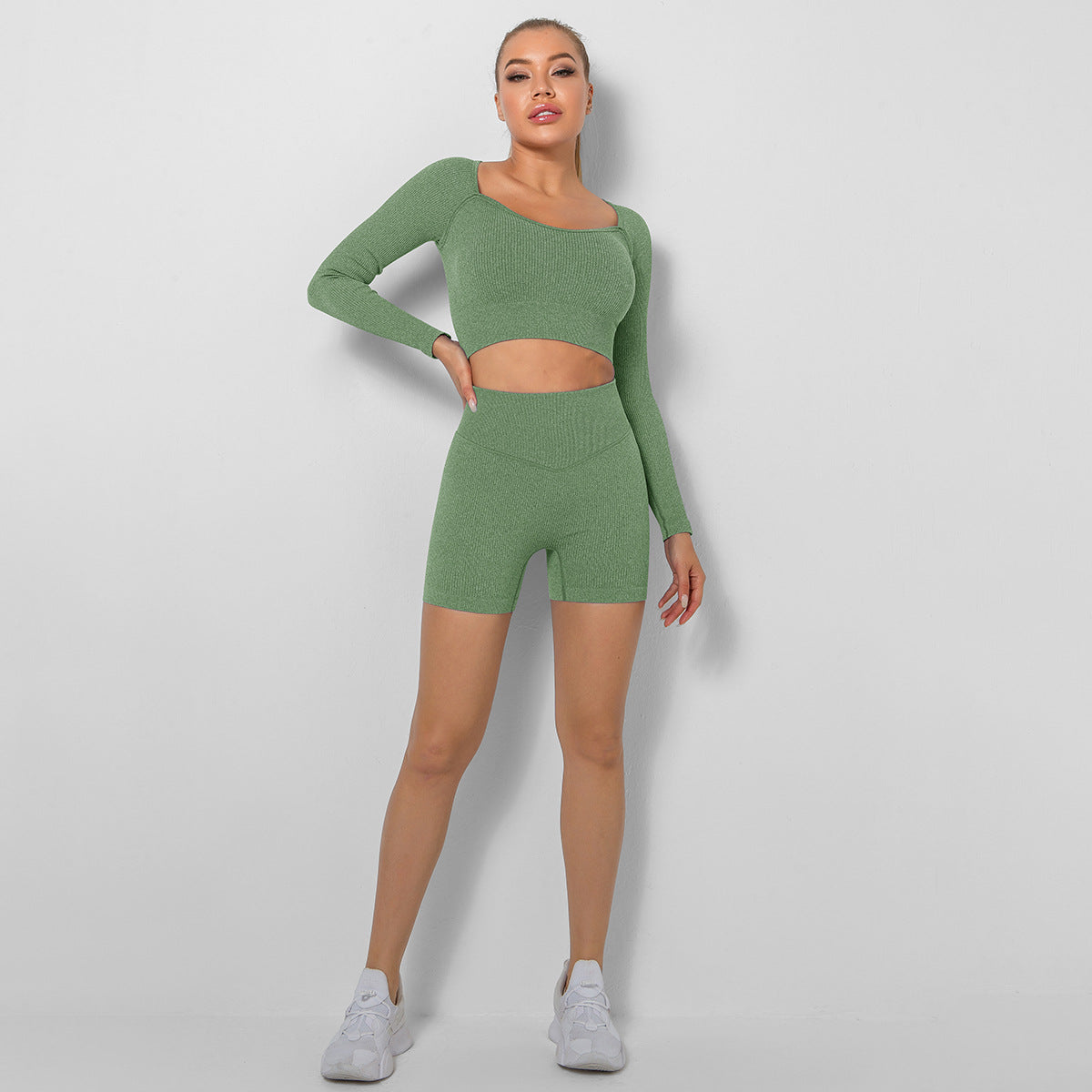 Seamless Ribbed Square Neck Long Sleeve Crop Top and Shorts Yoga Set for Women for Sports Running and Fitness Two Piece Activewear with Comfortable Stretch