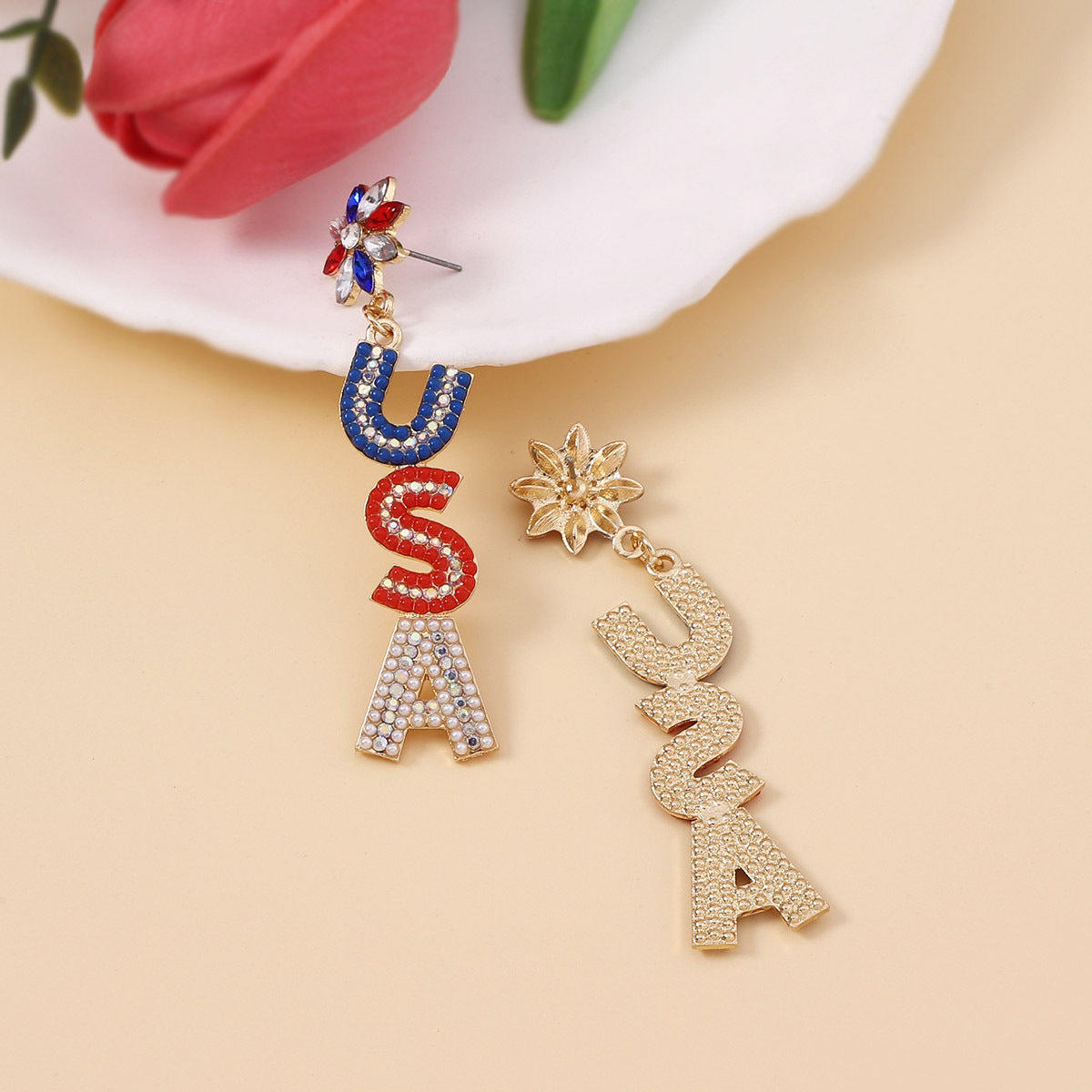 USA Flag Earrings with Stunning Pearl and Diamond Accents – Celebrate Independence Day in Style with Patriotic Jewelry for Parties and Events