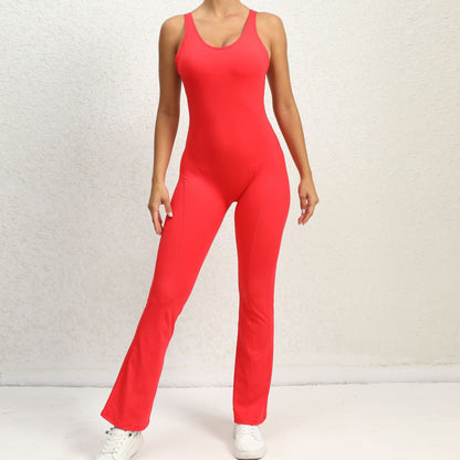 High Performance All in One Bodysuit with Beautiful Back Design Ultra Stretchy Fitness Jumpsuit with Flared Pants for Yoga and Active Wear