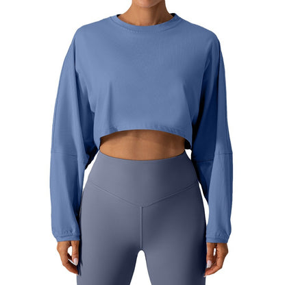 Women's Casual Round Neck Sweatshirt Yoga Crop Top Loose Fitting Long Sleeve T Shirt for Running and Sport Activities