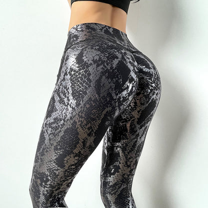 High Elastic Gold Foil Snake Skin Pattern Peach Bottom Fitness Leggings High Waist Butt Lifting Quick Dry Workout Pants and Stretch Yoga Tights for Comfort