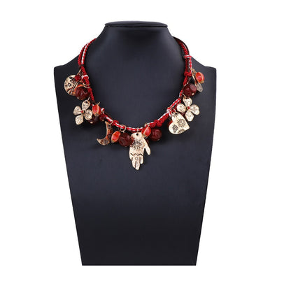Bohemian Handcrafted Colorful Triple-Strand Red String Necklace with Alloy Charms - Versatile Casual Jewelry for Every Occasion