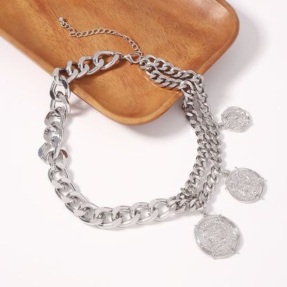 Stylish Metal Chain Coin Pendant Necklace – Unique Choker with Modern Aesthetic, Perfect for Elevating Your Look