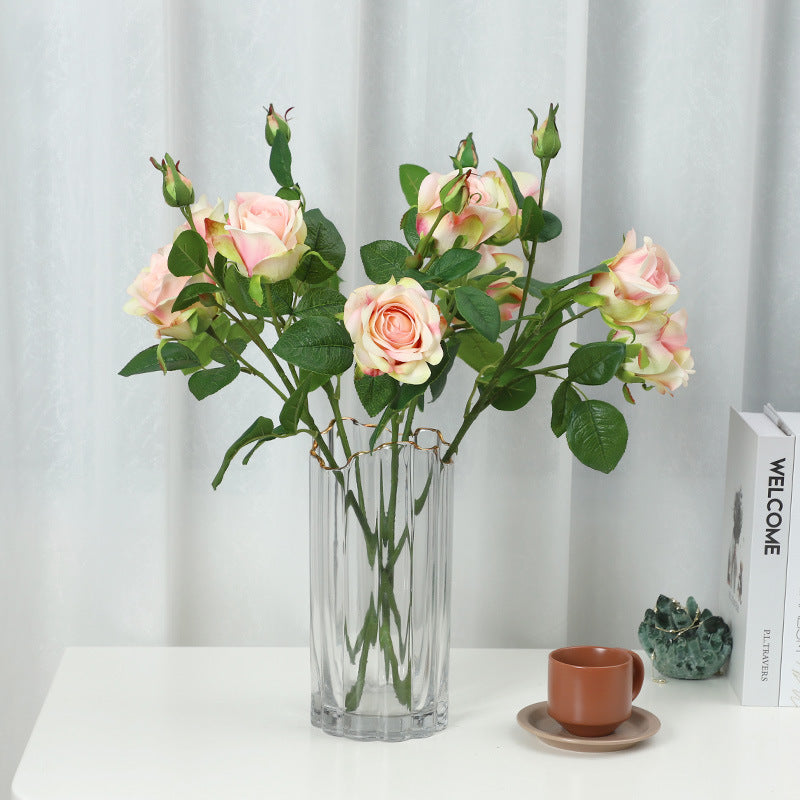 Lifelike Hydrating Touch 3-Head Faux Rose Bouquet – Elegant Home Décor Flower Arrangement for Lasting Beauty