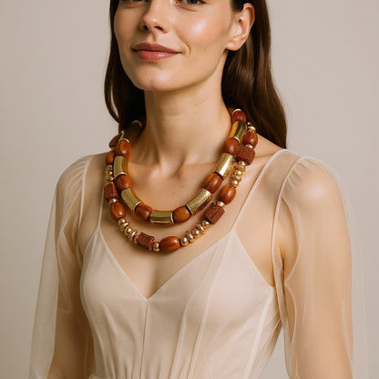 Chic Luxury Wood Beaded Multi-Layer Necklace & Bracelet for Women – Unique CCB Bamboo Joint Design, Perfect for Elegant Occasions