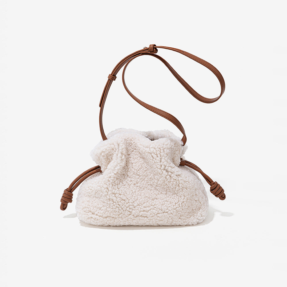 Cozy Sheepskin Drawstring Tote Bag for Fall Winter Versatile Plush Shoulder and Crossbody Bag with Lazy Chic Vibe