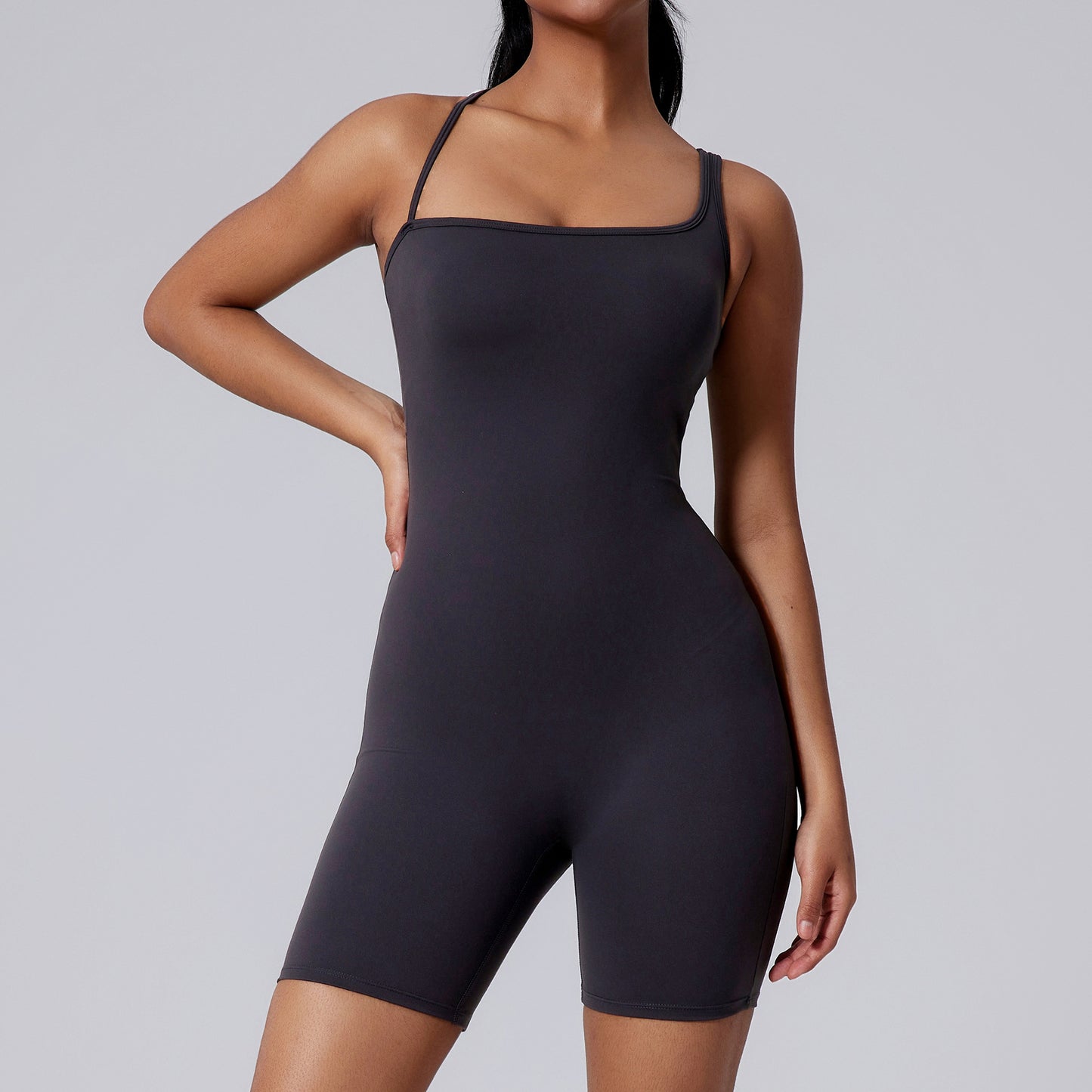 Asymmetric Back Yoga Bodysuit with Butt Lifting Features Hollow Out Dance and Workout One Piece Shorts