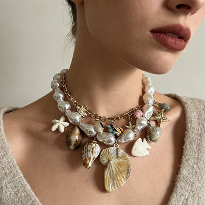 Stylish Personalized Baroque-Inspired Ceramic Pearl Alloy Shell Pendant Necklace - Double Layered Design for Women
