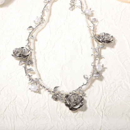 Chic Vintage-Inspired Layered Pearl Rose Flower Necklace - Elegant Multi-Layered Design for Effortless Style