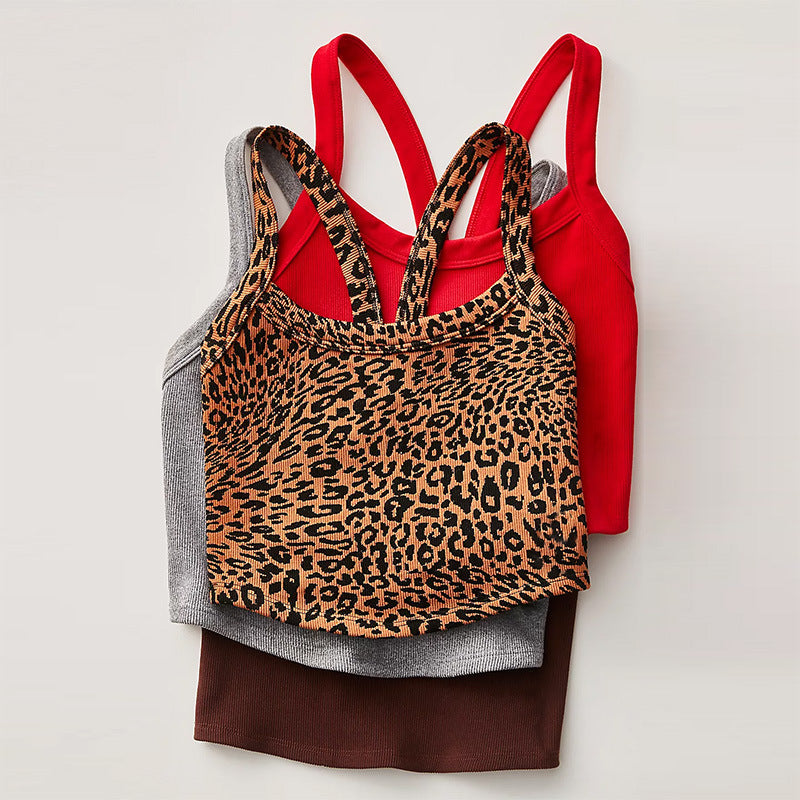 Leopard Print Cami Sports Bra for Women Adjustable Straps Built in Padding for Yoga Outdoor Fitness and Active Workouts