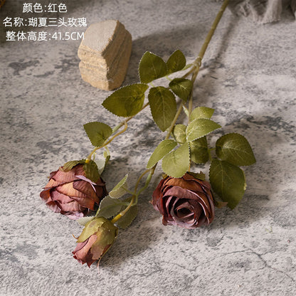 Stunning Artificial Three-Headed Rose Flower - Realistic Green Plants for Wedding Decor and Home Decoration - Perfect for Craft Projects (Model MW66008)