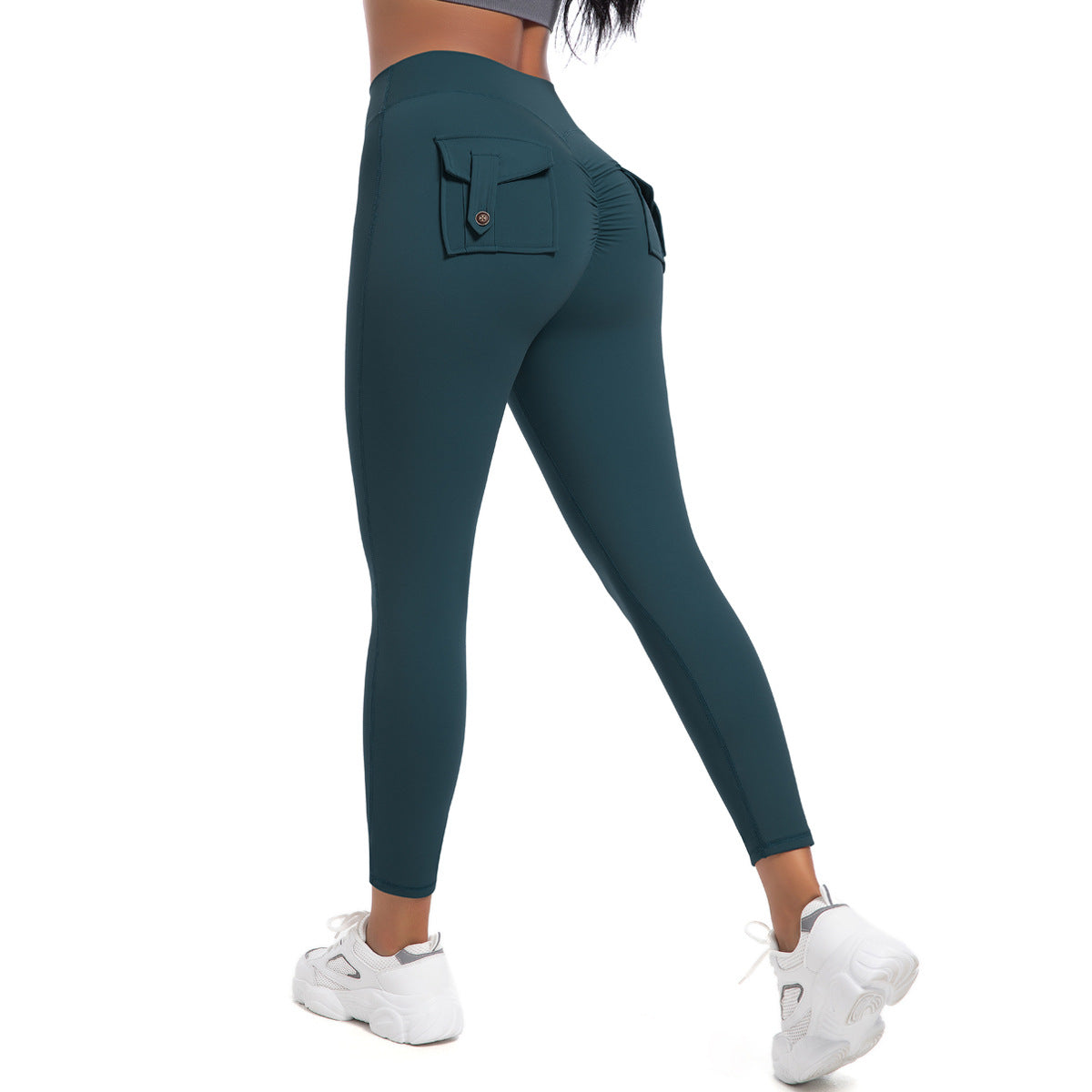 High Waisted Peach Fitness Leggings with Buttoned Pockets Stretchy Quick Dry Tummy Control Yoga Pants for Running and Workout