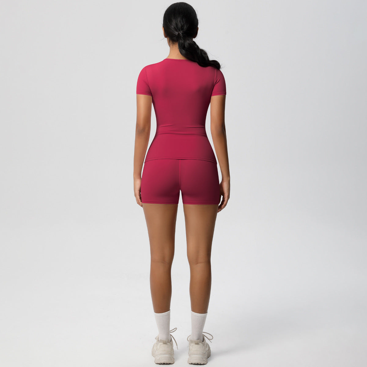 Ultra Soft Peach Butt Enhancing High Waisted Yoga Set Short Sleeve Top and Flattering Short Shorts for Comfort and Style