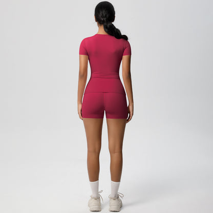 Ultra Soft Peach Butt Enhancing High Waisted Yoga Set Short Sleeve Top and Flattering Short Shorts for Comfort and Style