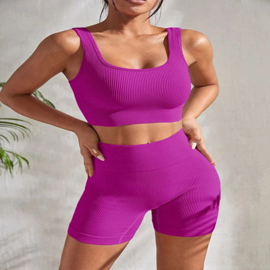 Seamless Ribbed Solid Color Women's Yoga Set High Waisted Moisture Wicking Sports Bra and Shorts 2 Piece Outfit for Comfort and Style