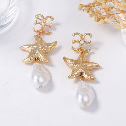 Stylish Casual Ocean-Inspired Fashion: Long Starfish Pearl Pendant Earrings for Women - Lightweight, Elegant Design Perfect for Beach Vacations