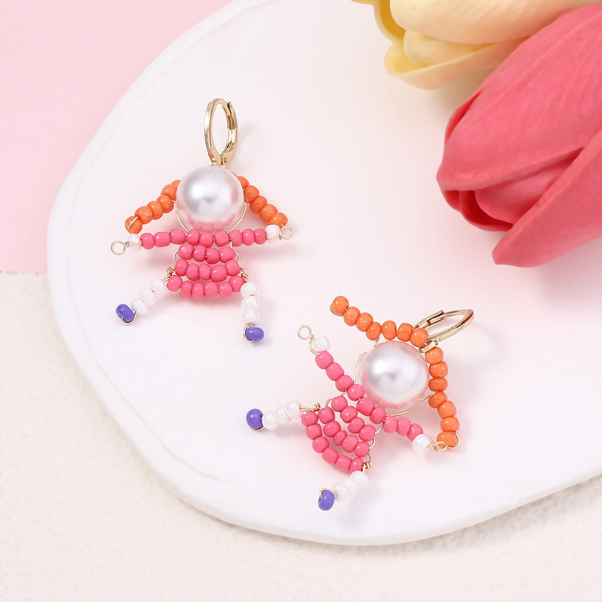 Unique Handcrafted Cartoon Character Beaded Hook Earrings - Quirky, Adorable Designs for a Playful Style